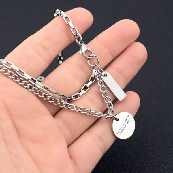 Layered Silver Chain Necklace with Engraved Inspirational Pendant ✨💬 - Image 3