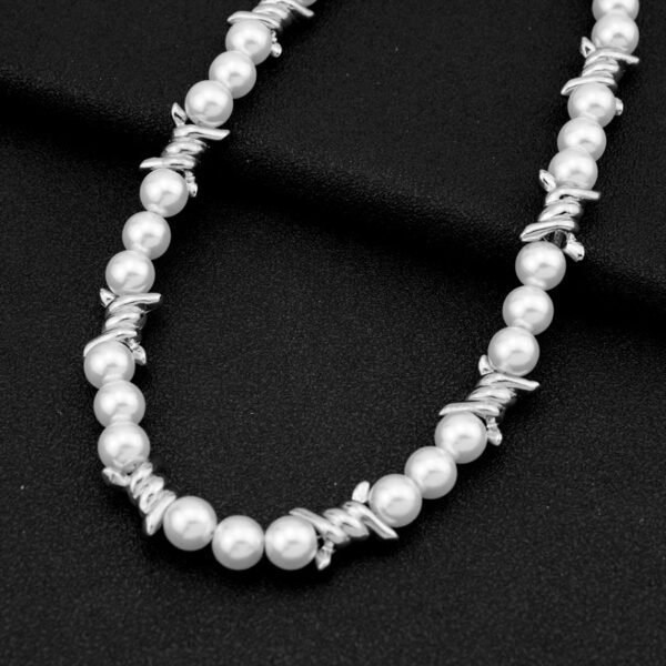 Edgy Barbed Wire Pearl Choker – Punk & Gothic Statement Necklace 🖤✨ - Image 7